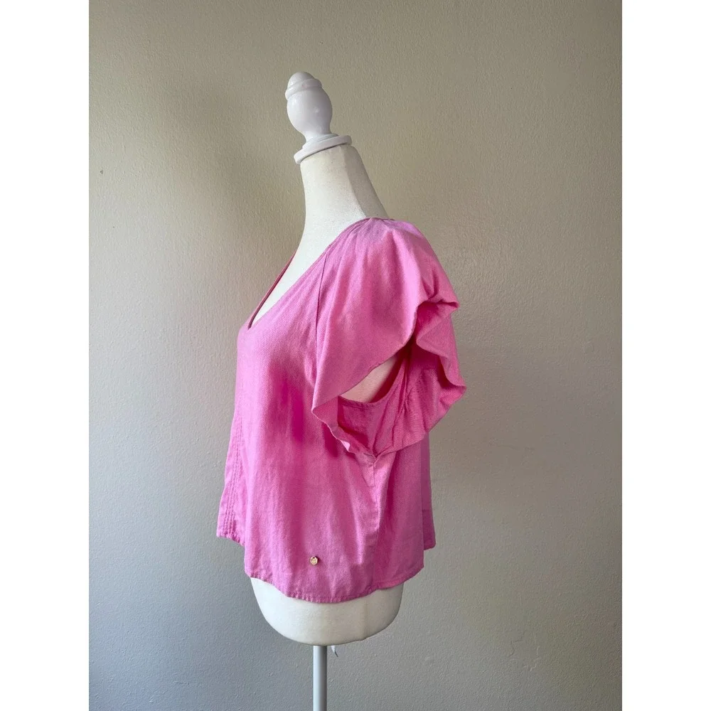 Marc New York Pink Womens S V-Neck Linen Blend Flutter Sleeve Preppy Chic Blouse